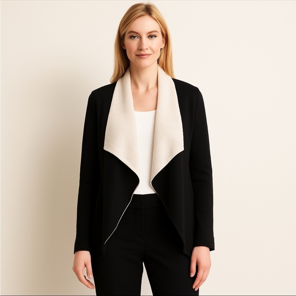 Bar III Women's Waterfall Open Front Cardigan XS Black Cream Drape Collar